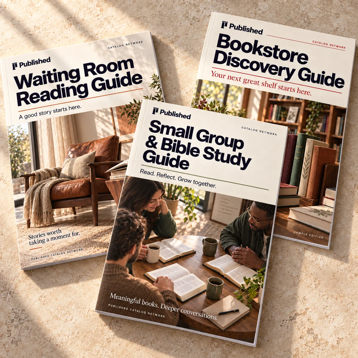 The Waiting Room, Small Group & Bible Study, and Bookstore catalogs, shown as printed sample editions